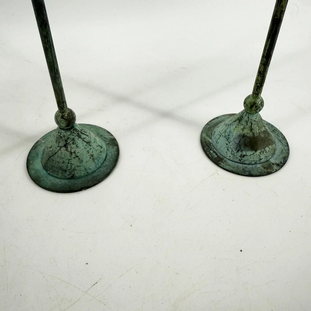 Vtg Verdigris Taper Christian Beaumont Post-Modern Decor Teal Metal Candlesticks